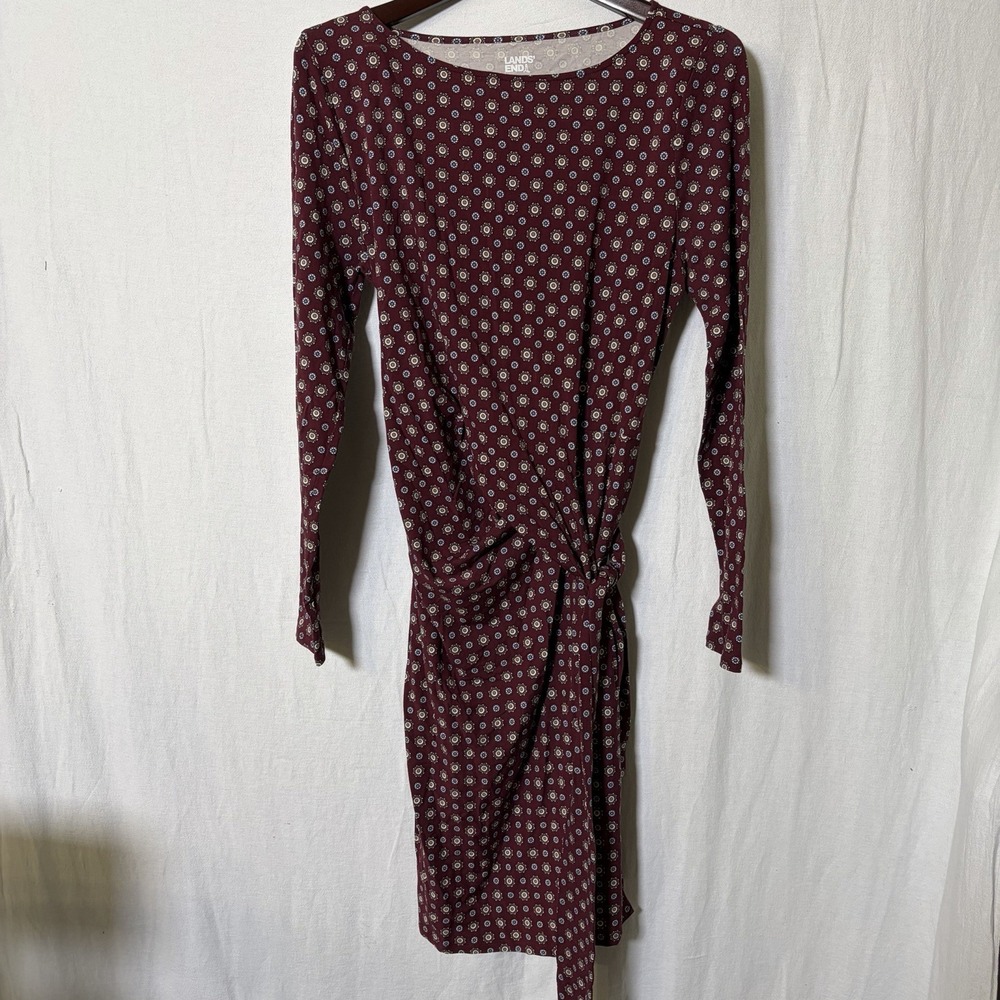 Lands End Dress Burgundy Print Womens M 10-12 Tie Cinch Sunflower Long Sleeved